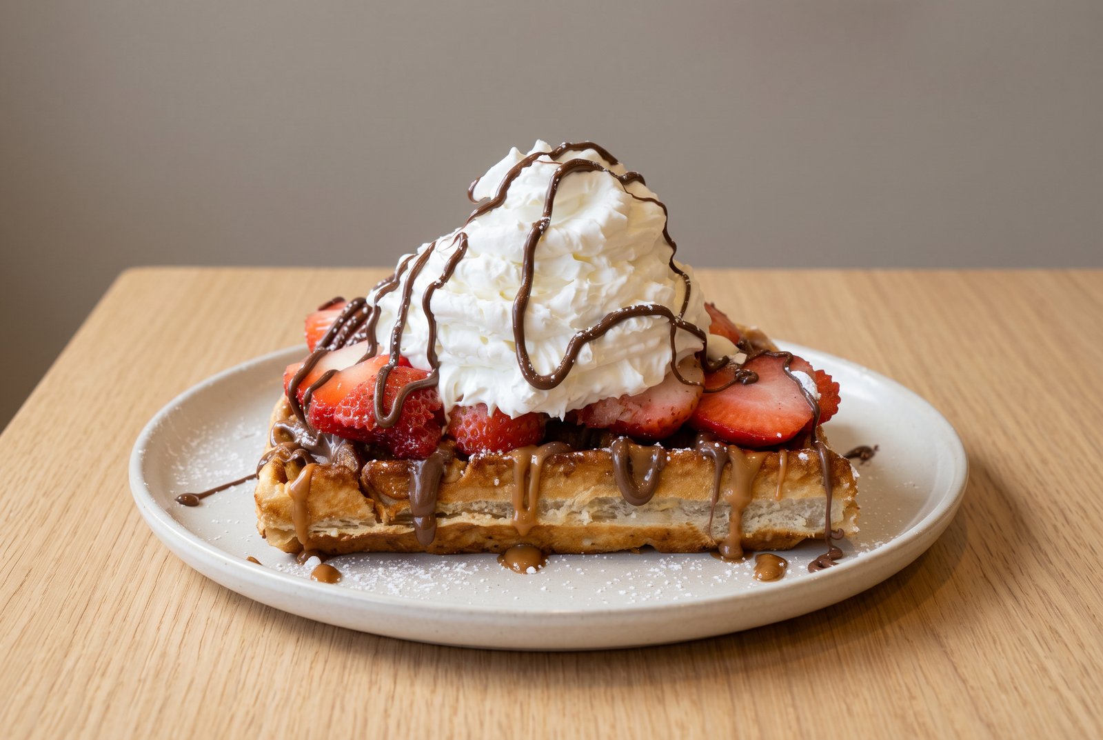Result: the same waffle on a white plate on a light wooden table